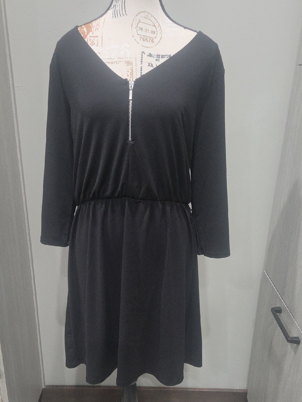 Women's Black V-Neck Zip-Front Dress